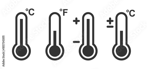 Thermometer set. Vector thermometer symbols and modern thermometer designs for hot, cold, Celsius, and Fahrenheit temperatures.
