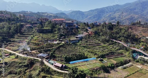 Drone shot of Sapa, Northern Vietnam in the morning