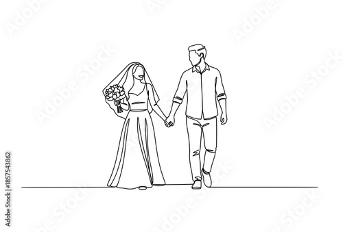 Romantic honeymoon couple vector illustration in continuous line style walking hand in hand