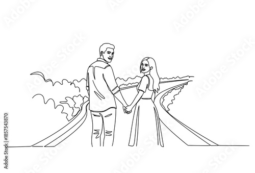 Romantic honeymoon couple vector illustration in continuous line style walking hand in hand