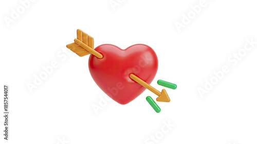 3D Red heart pierced by cupid's arrow with green accents on transparent background