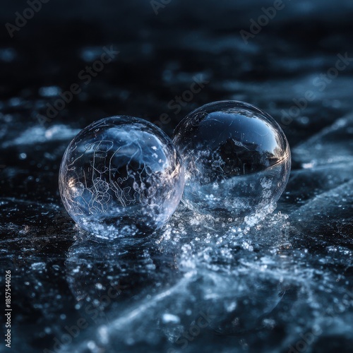 Wallpaper Mural Two frozen bubbles with intricate ice patterns on dark icy surface sphere round Torontodigital.ca