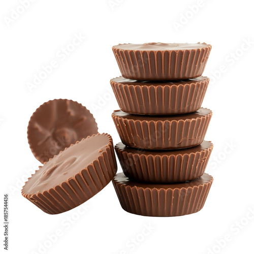 A neatly stacked pile of five ribbed chocolate peanut butter cups and two loose snacks, isolated on transparent background