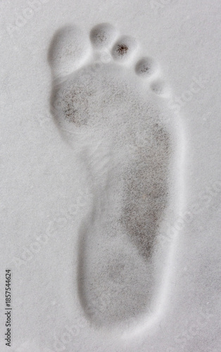 Single footprint in snow showing toes, heel, arch, winter detail
