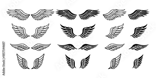 Set of stylized wings vector illustrations in black and white, perfect for logos, badges, apparel graphics, and symbolic designs.