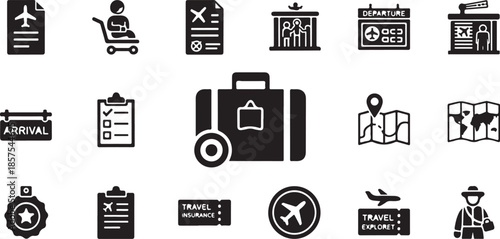 Collection of black and white travel and airport related icon set symbols