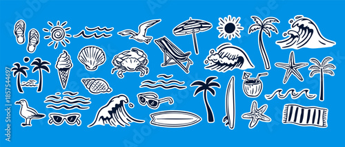 Hand-drawn beach-themed vector set with summer doodles like waves, palm trees, shells, crabs, sunglasses, and surfboards. Perfect for vacation designs, t-shirt prints, and tropical projects.