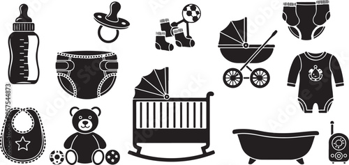 Collection of essential black and white baby care items and accessories icons