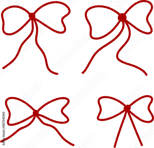 Set of hand drawn red ribbon bows, perfect for gift decoration and festive occasions