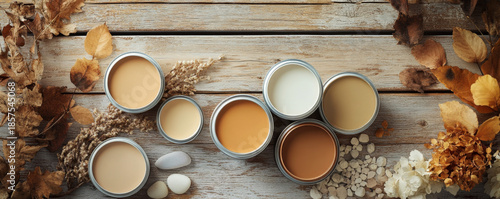Earthy Neutral Paint Jars with Stones and Autumn Leaves
