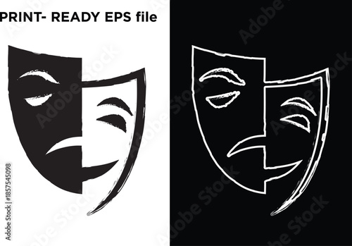 Comedy and Tragedy Theater Masks Silhouette, Drama Acting Symbol, Black and White Theatrical Vector Illustration EPS