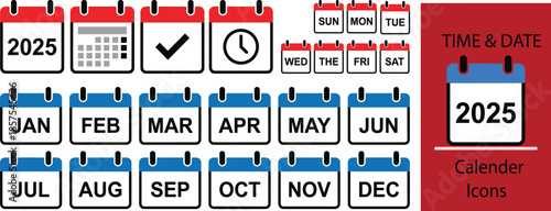 Modern 2025 calendar and date icons set featuring months, weekdays, schedule symbols, time markers, and planning graphics for organization, reminders, business, and productivity tools.
