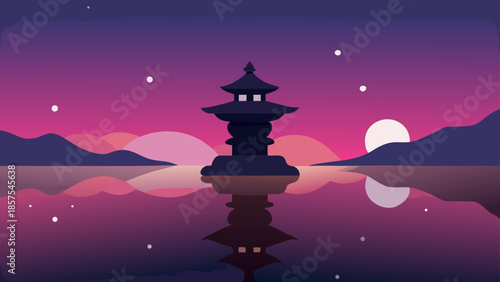 Beautiful and serene minimalist landscape illustration featuring a Japanese pagoda silhouette reflected in a calm body of water at sunset