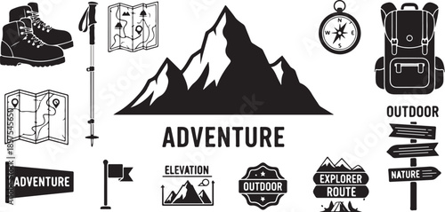Collection of black and white icons representing mountain hiking and outdoor adventure