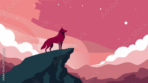 Minimalist flat design illustration of a lonely wolf howling at the stars on a rocky cliff in a pink night sky