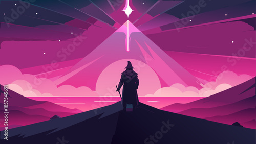 Mystical journey digital illustration featuring a lone wizard character gazing at a glowing crystal in a vibrant pink sky