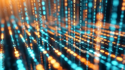 Digital Flow Visualization: A mesmerizing cascade of binary code streams through the digital landscape, illuminated with a vibrant, glowing energy.