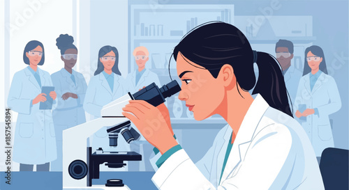 Female Scientist Looking Through Microscope in Laboratory with Colleagues Working in Background