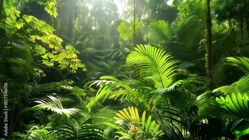 Lush Green Rainforest Canopy: A dense and vibrant rainforest, teeming with lush greenery and the filtered sunlight, a testament to nature's untamed beauty and ecological diversity.