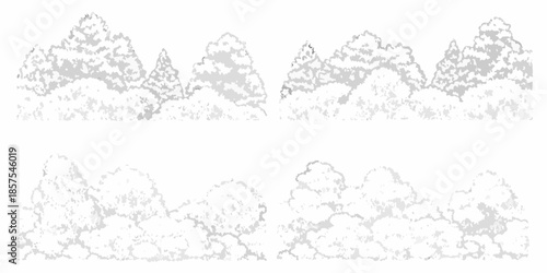Stylized silhouette of evergreen trees and shrubs in grayscale tones