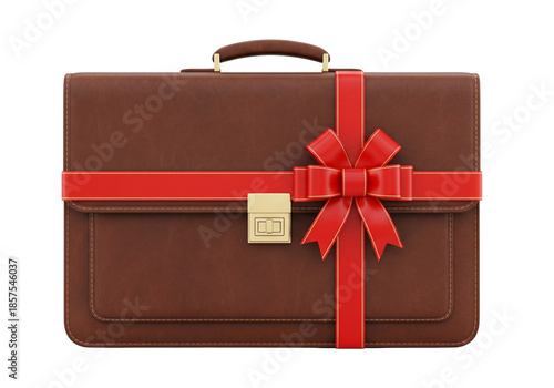 Classic Leather Briefcase Elegantly Wrapped as a Special Gift with Red Ribbon
