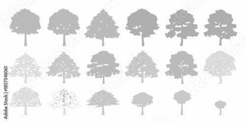 A collection of gray silhouette trees in different shapes and sizes