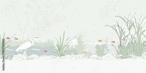A serene illustration of white egrets wading in a tranquil wetland landscape