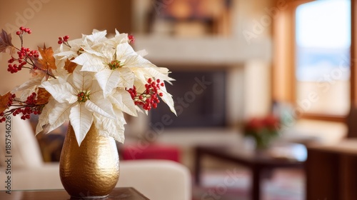Festive Floral Arrangement with Cream Poinsettias and Red Berries in Gilded Vase on Glass Table Against Blurred Living Room Backdrop