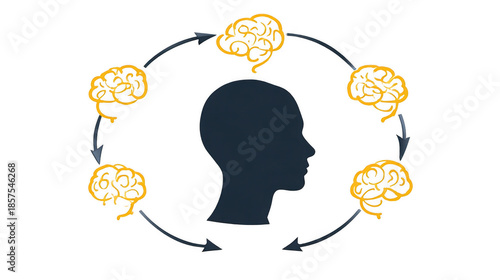 Blue smoke forming an infinite chain is coming out of a human head profile over a transparent background, representing obsessive compulsive disorder and intrusive thoughts
