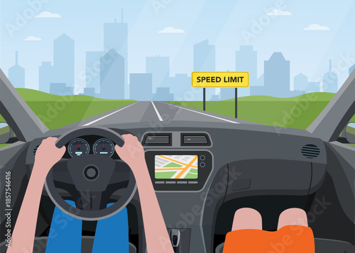 Human driver hands driving automobile on asphalt road stock illustration