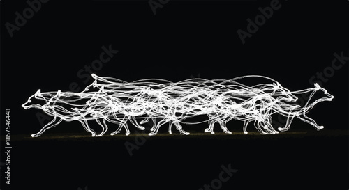 Dynamic Abstract White Light Trails Forming Running Horses on Black Background