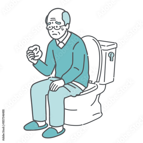 トイレで紙を見て血便や異常を確認する高齢男性のイラスト（セルフチェック・不安）