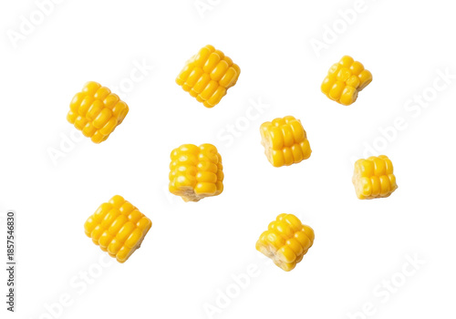 Seven bright yellow, glossy sweet corn kernels scattered on a pristine transparent background with copy space. Photorealistic studio macro, soft high-key lighting, concept of fresh healthy ingredients
