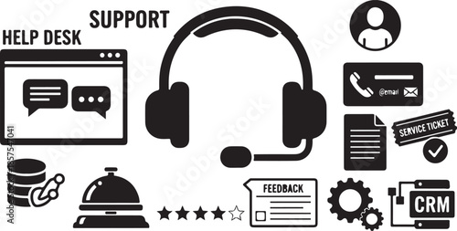 Black and white icons representing customer support service desk operations technology