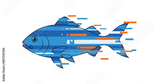 Stylized Blue Digital Fish Illustration with Tech Lines and Orange Accents