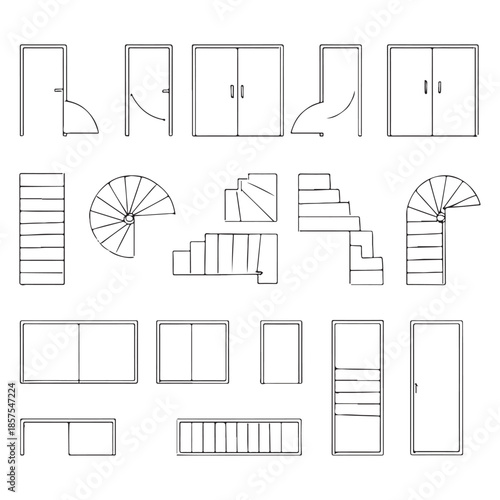 Type of stairs and type of doors, architectural elements for the floor plan vector
