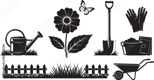 Collection of black silhouette icons representing various gardening tools and elements