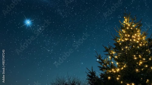 Festive Night Sky: A vibrant Christmas tree, adorned with twinkling lights, stands majestically under a breathtaking night sky, illuminated by a brilliant star.