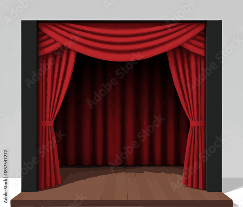 Isolated a realistic theatre stage with open red velvet curtains vector art with white background.