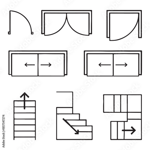 Type of stairs and type of doors, architectural elements for the floor plan vector