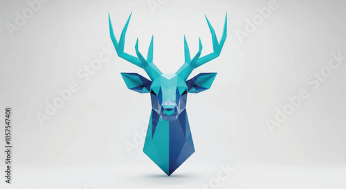 Geometric Low Poly Teal Deer Head with Large Antlers Illustration on Light Background