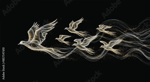Elegant Golden Smoke Trail Flying Birds Illustration on Solid Black Background