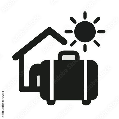 Icon Climate Refugee Support: A simple suitcase icon combined with a shelter and a warming sun.