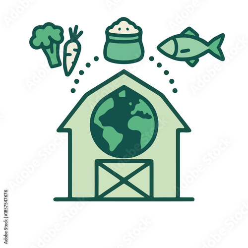 Icon Food Security: A global granary icon being stocked from diverse, local sources.