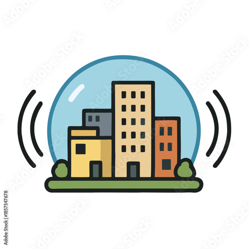 Icon Noise-Canceling Zone: A city block surrounded by a bubble that dampens sound waves.