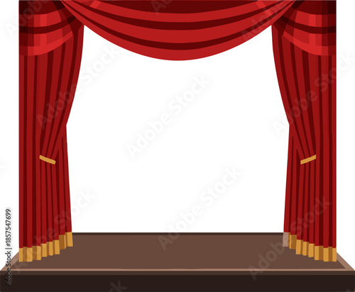 Isolated a realistic theatre stage with open red velvet curtains vector art with white background.