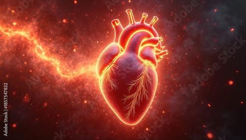 Glowing human heart with detailed arteries and veins, surrounded by fiery sparks. Shows vitality, life force, and strong blood circulation. Abstract background with intense energy and motion.