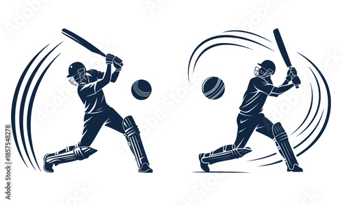 Cricket batsman silhouette vector illustration, dynamic cricket player batting action isolated on white background