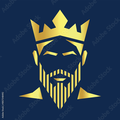  golden monarch head icon with beard and crown, modern geometric king face in gold gradient, minimalist logo