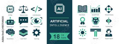 Artificial Intelligence icon set. Containing AI chip, balance scales, code brackets, book, growth chart, network nodes, robot, chat bubble, eye frame, brain, layer stack, gear, medal, robot head, eye 